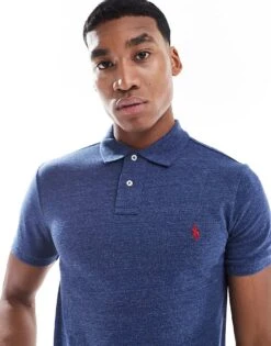 Polo Ralph Lauren Icon Logo Slim Fit Pique Polo In Blue Marl For Men