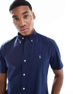 Polo Ralph Lauren Icon Logo Short Sleeve Poplin Shirt Custom Fit In Navy For Men