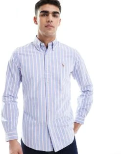 Polo Ralph Lauren Icon Logo Stripe Oxford Shirt Custom Fit In Blue/pink For Men