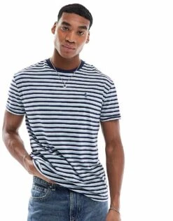 Polo Ralph Lauren Icon Logo Pocket Stripe T-shirt Classic Oversized Fit In Mid Blue For Men