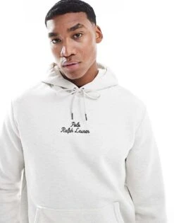 Polo Ralph Lauren Central Script Logo Double Knit Hoodie In Stone Marl For Men