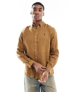 Polo Ralph Lauren Icon Logo Linen Shirt Custom Fit In Tan For Men