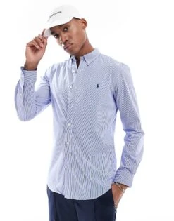 Polo Ralph Lauren Icon Logo Fine Stripe Slim Fit Bistretch Poplin Shirt In Blue/white For Men
