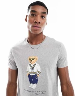 Polo Ralph Lauren Heritage Bear Print T-shirt Custom Fit In Grey Marl For Men