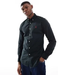 Polo Ralph Lauren Icon Logo Slim Fit Yarn Dyed Oxford Shirt In Black For Men