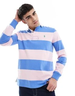 Polo Ralph Lauren Icon Logo Stripe Rugby Polo In Pink/blue For Men Garden Pink