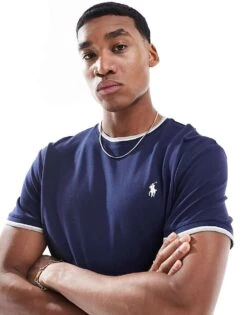 Polo Ralph Lauren Icon Logo Tipped Pique T-shirt Classic Oversized Fit In Navy For Men