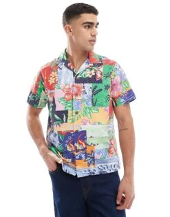 Polo Ralph Lauren Short Sleeve Revere Collar Beach Patchwork Print Oxford Shirt Classic Oversized In Multi For Men