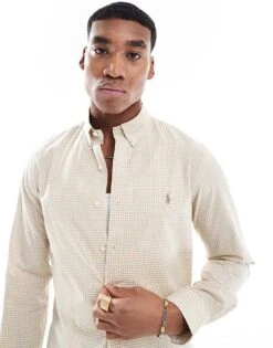 Polo Ralph Lauren Icon Logo Check Slim Fit Bistretch Poplin Shirt In Beige/white For Men