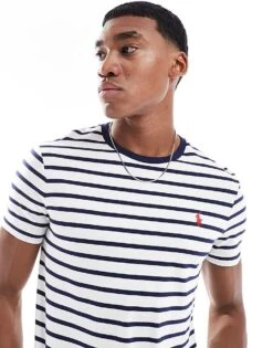 Polo Ralph Lauren Icon Logo Stripe T-shirt Custom Fit In White/navy For Men