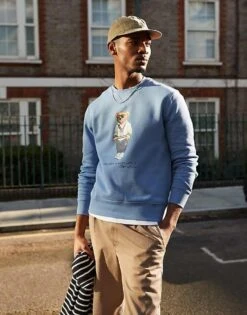 Polo Ralph Lauren Campus Bear Print Fleece Sweatshirt In Mid Blue For Men