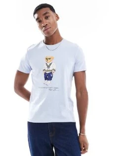 Polo Ralph Lauren Heritage Bear Print T-shirt Custom Fit In Light Blue For Men