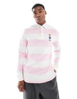Polo Ralph Lauren Heritage Bear Logo Stripe Rugby Polo In Pink/white For Men