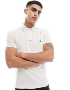 Polo Ralph Lauren Icon Logo Slim Fit Pique Polo In Cream For Men