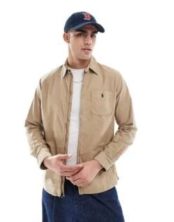 Polo Ralph Lauren Icon Logo Zip Front Garment Dyed Oxford Overshirt In Tan For Men