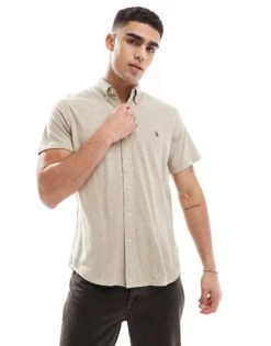 Polo Ralph Lauren Icon Logo Short Sleeve Pique Shirt In Beige Marl For Men