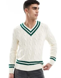 Polo Ralph Lauren Cricket V-neck Cotton Cable Knit Jumper In Cream/dark Green For Men