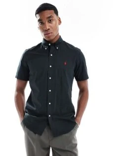 Polo Ralph Lauren Icon Logo Short Sleeve Poplin Shirt Custom Fit In Black For Men