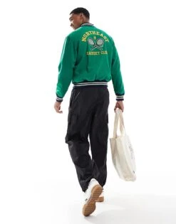 Polo Ralph Lauren Tennis Club Back Applique Cotton Poplin Varsity Jacket In Mid Green For Men