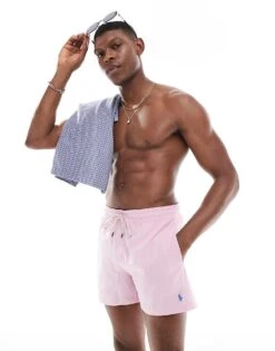 Polo Ralph Lauren Traveler Icon Logo Slim Fit Mid Swim Shorts In Pink For Men