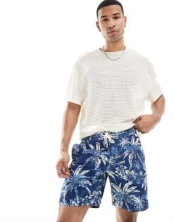 Polo Ralph Lauren Icon Logo Palm Island Shadow Print Long Swim Shorts In Mid Blue For Men