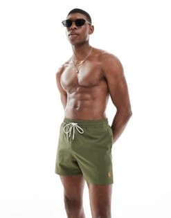 Polo Ralph Lauren Traveler Icon Logo Slim Fit Mid Swim Shorts In Olive Green For Men