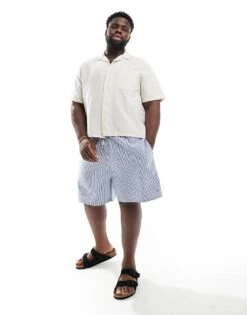 Polo Ralph Lauren Big & Tall Traveler Icon Logo Seersucker Stripe Swim Shorts Classic Fit In Mid Blue For Men