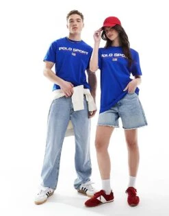 Polo Ralph Lauren Sport Capsule Unisex Large Chest Flag Logo T-shirt Classic Oversized Fit In Royal Blue For Unisex