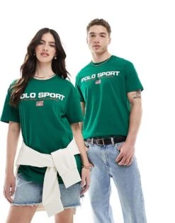 Polo Ralph Lauren Sport Capsule Unisex Large Chest Flag Logo T-shirt Classic Oversized Fit In Mid Green For Men