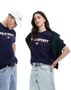 Polo Ralph Lauren Sport Capsule Unisex Large Chest Flag Logo T-shirt Classic Oversized Fit In Navy For Unisex