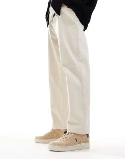 Polo Ralph Lauren Masters Court Suede Trainer In Light Tan With Navy Logo For Men Bone/light Navy