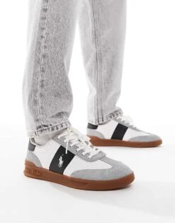 Polo Ralph Lauren Heritage Aera Trainer In White And Grey With Gum Sole For Men White/black/soft